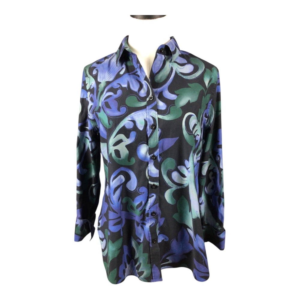Chico’s Button-Up Blouse in Black Blue & Green Swirl Print Size 0.5 US 6 Cottage